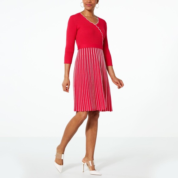 Nina Leonard Dress NWT Sweater-Dress Spring Red/White stripes Sz. S Midi ribbed - Picture 1 of 15